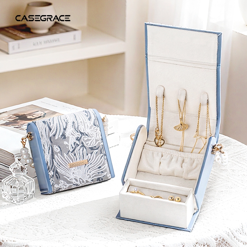 CASEGRACE Du Lịch Hộp Trang Sức Organzier Với Ngọc Trai-Strap Hộp Trang Sức Cho Bông Tai Vòng Cổ Nhẫn Hộp Quà Tặng
