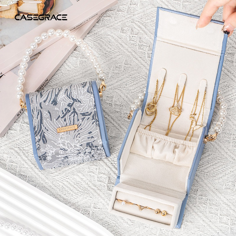 CASEGRACE Du Lịch Hộp Trang Sức Organzier Với Ngọc Trai-Strap Hộp Trang Sức Cho Bông Tai Vòng Cổ Nhẫn Hộp Quà Tặng