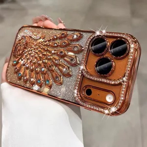 Ốp lưng mềm hình con công đính kim cương tương thích cho iPhone 13 pro max 14 pro max 15 pro max 16 pro max 17 pro max 17 air case