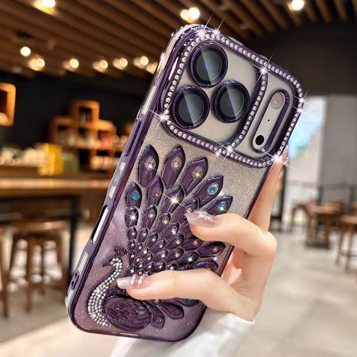 Ốp lưng mềm hình con công đính kim cương tương thích cho iPhone 13 pro max 14 pro max 15 pro max 16 pro max 17 pro max 17 air case