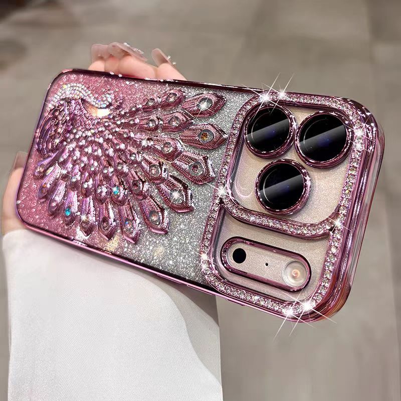 Ốp lưng mềm hình con công đính kim cương tương thích cho iPhone 13 pro max 14 pro max 15 pro max 16 pro max 17 pro max 17 air case