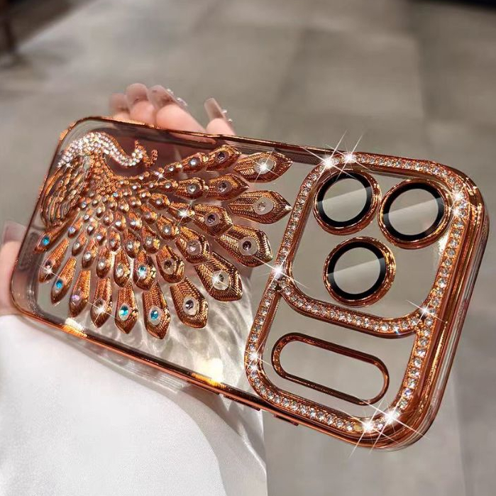 Ốp lưng mềm hình con công đính kim cương tương thích cho iPhone 13 pro max 14 pro max 15 pro max 16 pro max 17 pro max 17 air case