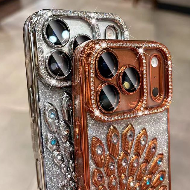 Ốp lưng mềm hình con công đính kim cương tương thích cho iPhone 13 pro max 14 pro max 15 pro max 16 pro max 17 pro max 17 air case
