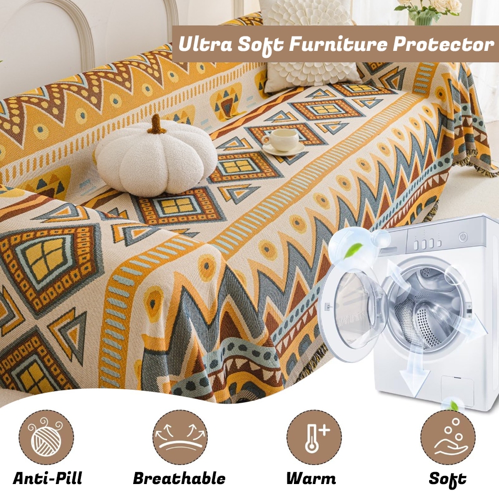 Chăn Sofa Cotton Và Vải Lanh Phong Cách Bohemian Mới, Đệm Sofa Chống Trơn Trượt Mềm Mại Và Có Thể Giặt Được, Vỏ Sofa Thích Hợp Cho Sofa Đệm 1 / 2 / 3 / 4, Sofa Tình Yêu, Giường