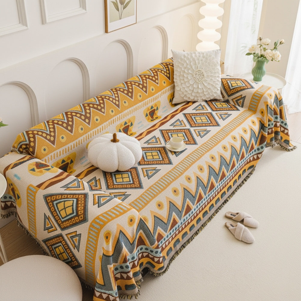 Chăn Sofa Cotton Và Vải Lanh Phong Cách Bohemian Mới, Đệm Sofa Chống Trơn Trượt Mềm Mại Và Có Thể Giặt Được, Vỏ Sofa Thích Hợp Cho Sofa Đệm 1 / 2 / 3 / 4, Sofa Tình Yêu, Giường