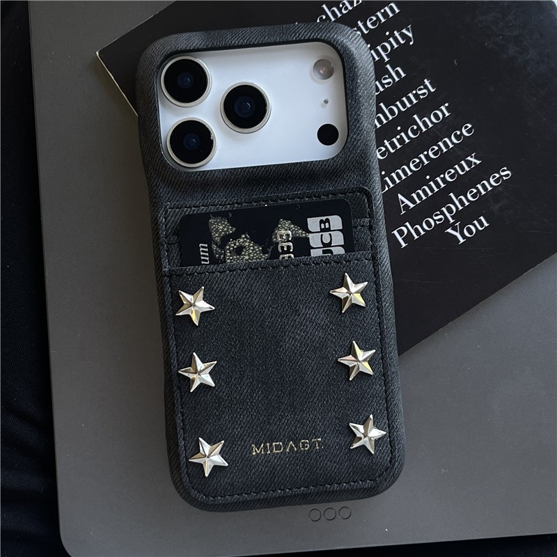 IPhone 17 PRO MAX 16 Pro max Kim loại hình ngôi sao trái tim denim thẻ chèn họa tiết chất liệu PU