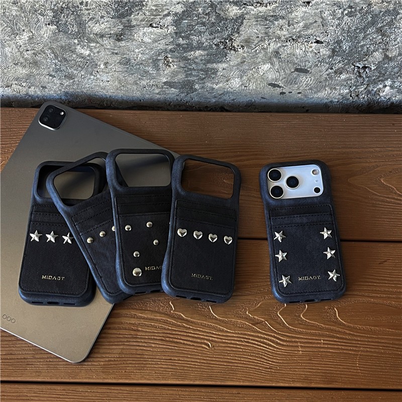 IPhone 17 PRO MAX 16 Pro max Kim loại hình ngôi sao trái tim denim thẻ chèn họa tiết chất liệu PU