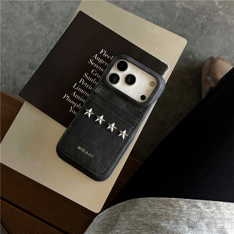 IPhone 17 PRO MAX 16 Pro max Kim loại hình ngôi sao trái tim denim thẻ chèn họa tiết chất liệu PU