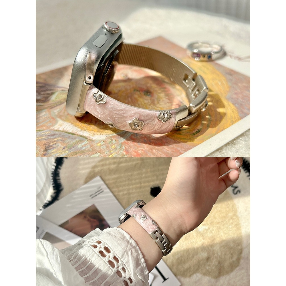 Dây đeo kim loại hình hoa Epoxy dành cho nữ Thích hợp cho Apple Watch S11 SE3 Ultra3 S10 S9 S8 SE S7 S6 Ultra 49mm 46mm 42mm 40mm 44mm 41mm 45mm Dây đeo cổ tay