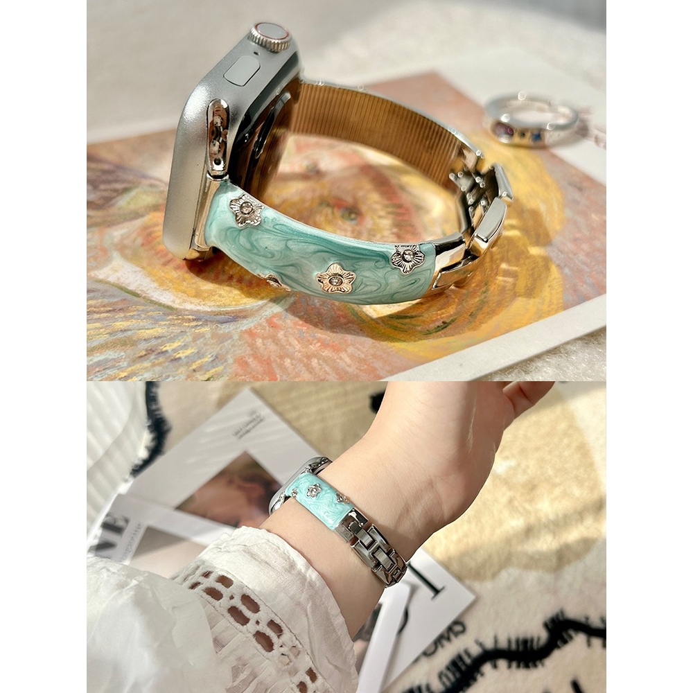 Dây đeo kim loại hình hoa Epoxy dành cho nữ Thích hợp cho Apple Watch S11 SE3 Ultra3 S10 S9 S8 SE S7 S6 Ultra 49mm 46mm 42mm 40mm 44mm 41mm 45mm Dây đeo cổ tay