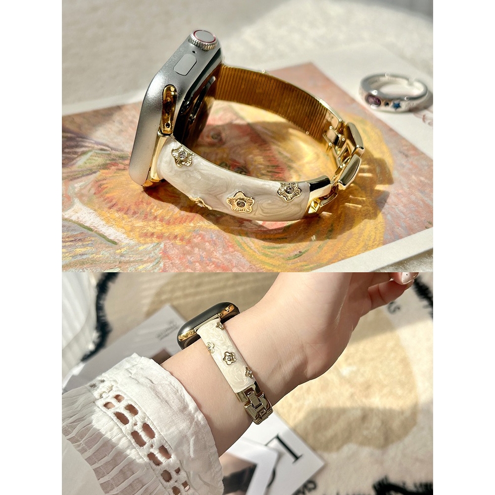 Dây đeo kim loại hình hoa Epoxy dành cho nữ Thích hợp cho Apple Watch S11 SE3 Ultra3 S10 S9 S8 SE S7 S6 Ultra 49mm 46mm 42mm 40mm 44mm 41mm 45mm Dây đeo cổ tay