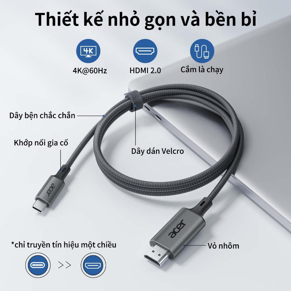 Acer Cáp chuyển đổi USB C sang HDMI 4K 2K 60Hz Type C HD Dây bện tốc độ cao Lõi đồng nguyên chất cho văn phòng tại nhà Tương thích với điện thoại Microsoft Laptop UC412 | BigBuy360 - bigbuy360.vn