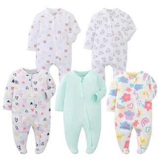 Áo liền quần có chân sơ sinh, Áo liền quần mềm mại in hình gấu, Áo ngủ trẻ sơ sinh có dây kéo dài tay 0-9M