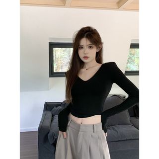 [BANKO] Áo thun dài tay cổ chữ V mềm mại, vừa vặn - Phong cách Hàn Quốc