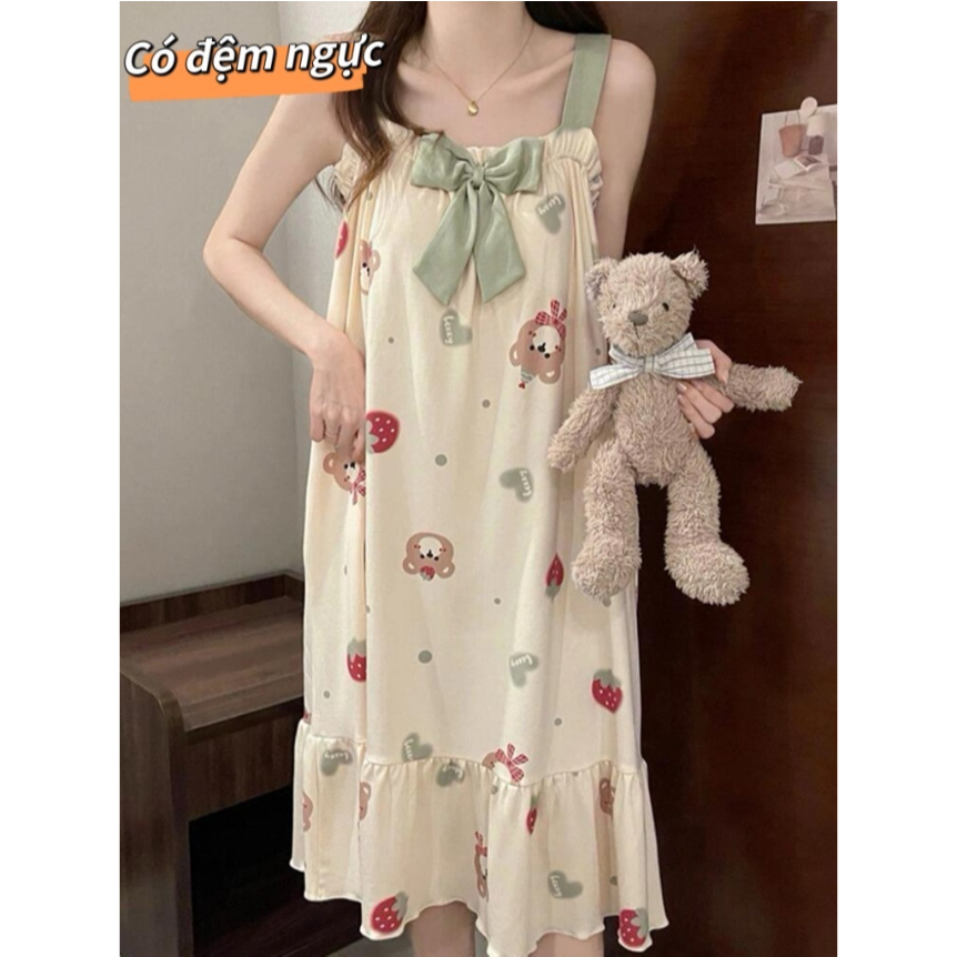 【có đệm ngực】Đầm ngủ dáng dài form rộng  - Phong cách Hàn Quốc lãng mạn và quyến rũ