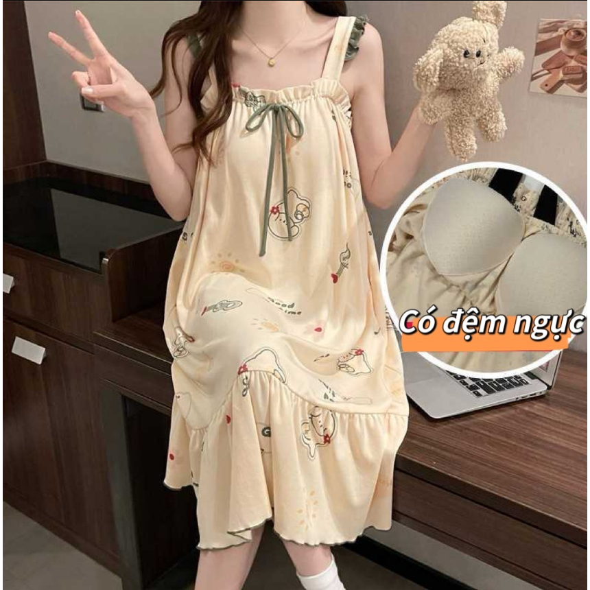 【có đệm ngực】Đầm ngủ dáng dài form rộng  - Phong cách Hàn Quốc lãng mạn và quyến rũ