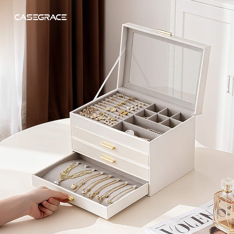 CASEGRACE Hộp Trang Sức Thanh Lịch Có Khóa Vòng Cổ Lớn Trang Sức Tổ Chức Hộp Da PU Đa Năng