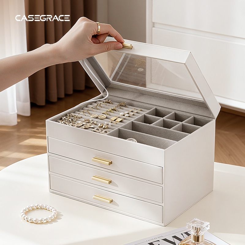 CASEGRACE Hộp Trang Sức Thanh Lịch Có Khóa Vòng Cổ Lớn Trang Sức Tổ Chức Hộp Da PU Đa Năng