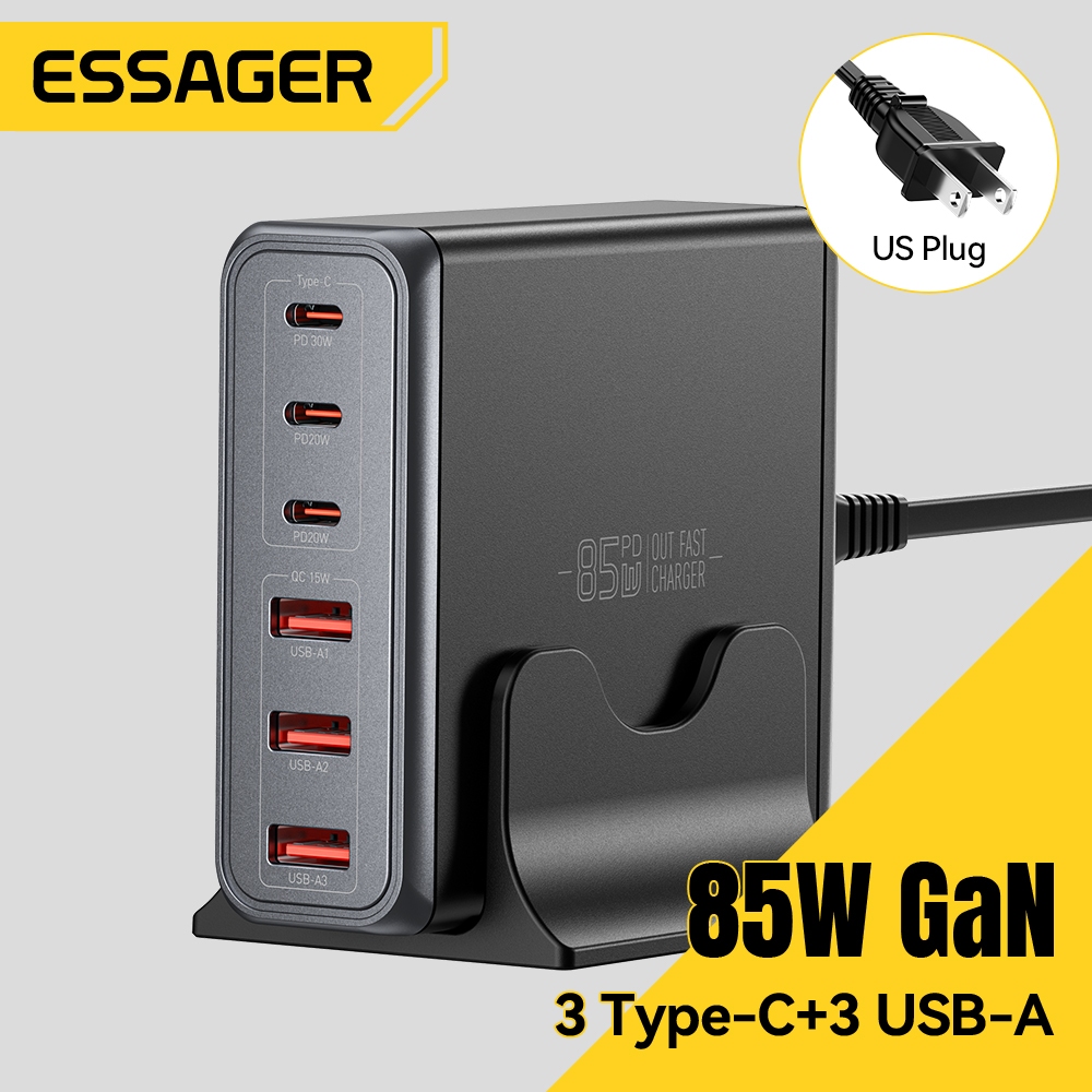 Essager GaN 85W 3 Type-C + 3 USB-A Bộ sạc máy tính để bàn Sạc nhanh QC4.0 PD3.0 USB C Type C Sạc nhanh cho điện thoại di động Laptop