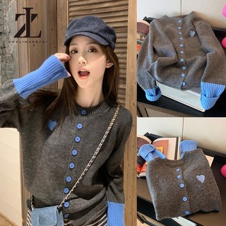 ZHELIHANGFEI Áo len cardigan Thêu trái tim cổ tròn tay áo dài quần áo dệt kim