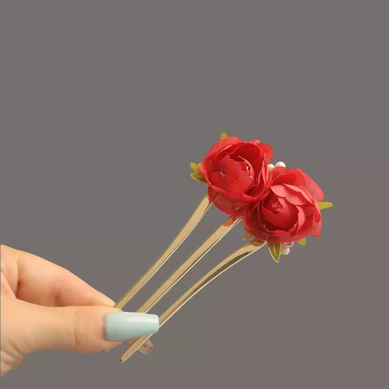 Kẹp tóc hình chữ U đính đá, màu đỏ cho cô dâu - Phong cách mới từ Trung Quốc