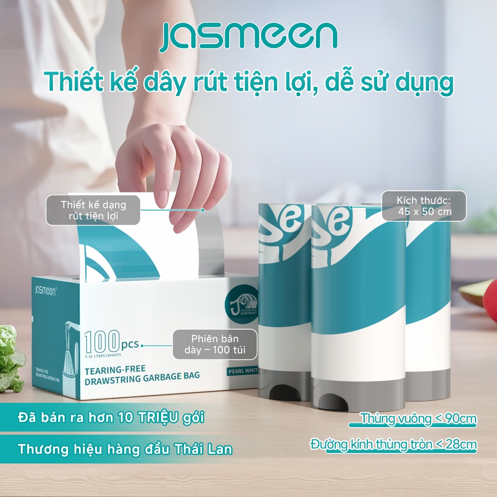 Túi rác có quai xách- Kích thước 45*50 cm JASMEEN100 cái/ cuộn-Thiết kế dày hơn, chịu nhiệt tốt- Hương hoa nhài thơm mát
