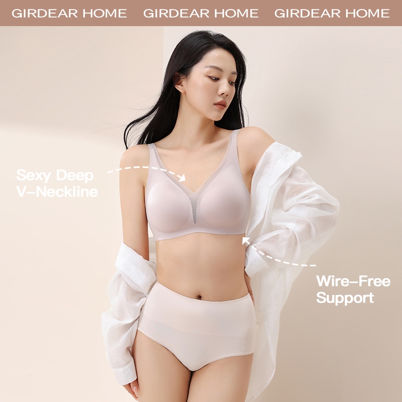 Girdear Home Áo Ngực Nữ Kiểu Deep V Đẩy Ngực Thanh Lịch - Chất Satin Pháp Kèm Ren, Gom Ngực Tốt, Không Dây Mềm Mịn, Không Đường May,8531FJ07