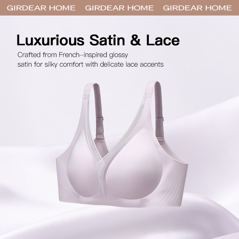Girdear Home Áo Ngực Nữ Kiểu Deep V Đẩy Ngực Thanh Lịch - Chất Satin Pháp Kèm Ren, Gom Ngực Tốt, Không Dây Mềm Mịn, Không Đường May,8531FJ07