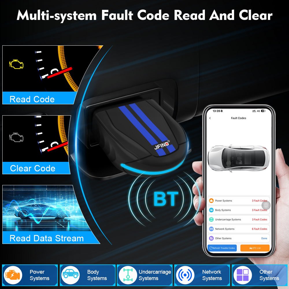 Máy quét JFIND JF327 Pro ELM327 OEM APP OBD2 cho Android iPhone Bluetooth 5.0 cho ô tô và xe máy Công cụ sửa chữa chẩn đoán ELM 327 OBDII cho Honda Yamaha