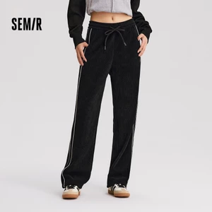 Quần Semir nữ chenille họa tiết màu khối đen, rộng rãi, phù hợp mùa đông