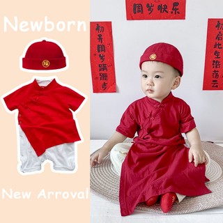 Áo liền quần trẻ sơ sinh lễ hội màu đỏ dễ thương - Cotton Baby Boy Qipao Style (0-24 tháng)