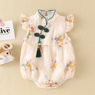 Đầm Qipao Trung Quốc hoa cho bé gái sơ sinh - Váy lễ hội mềm mượt có nút ếch & tua rua (0-24M)