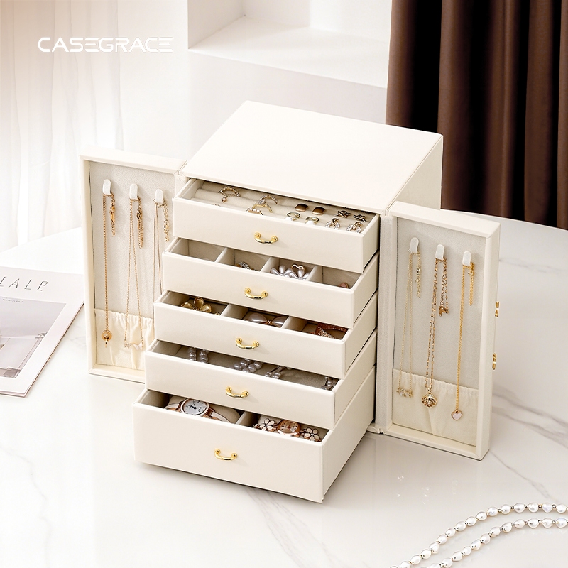 CASEGRACE Hộp Bảo Quản Trang Sức Lớn Sắp Xếp 5 Lớp Ngăn Kéo Hộp Có Thể Tháo Rời Cho Tóc Phụ Kiện Nhẫn