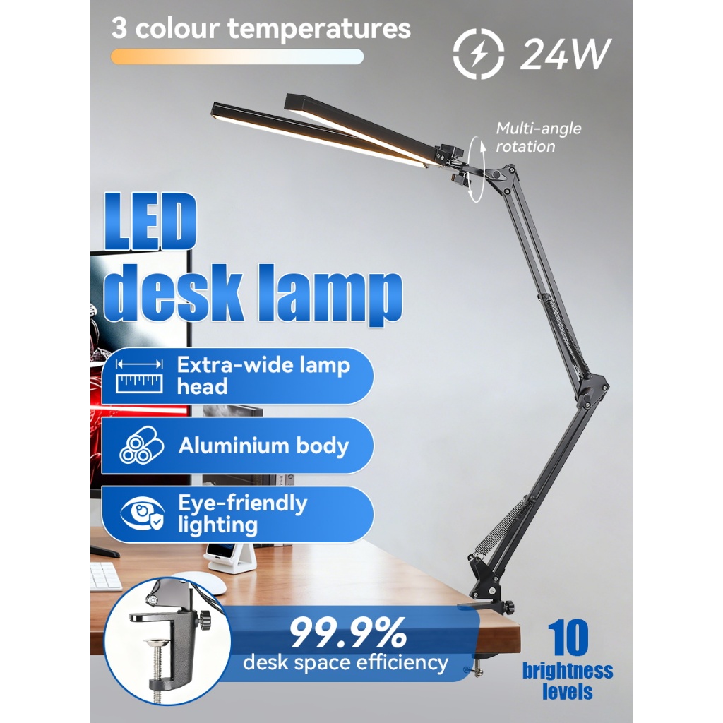 Đèn bàn LED hai đầu USB 24W, 3 màu, có thể gập và điều chỉnh độ sáng, đèn ngủ/học