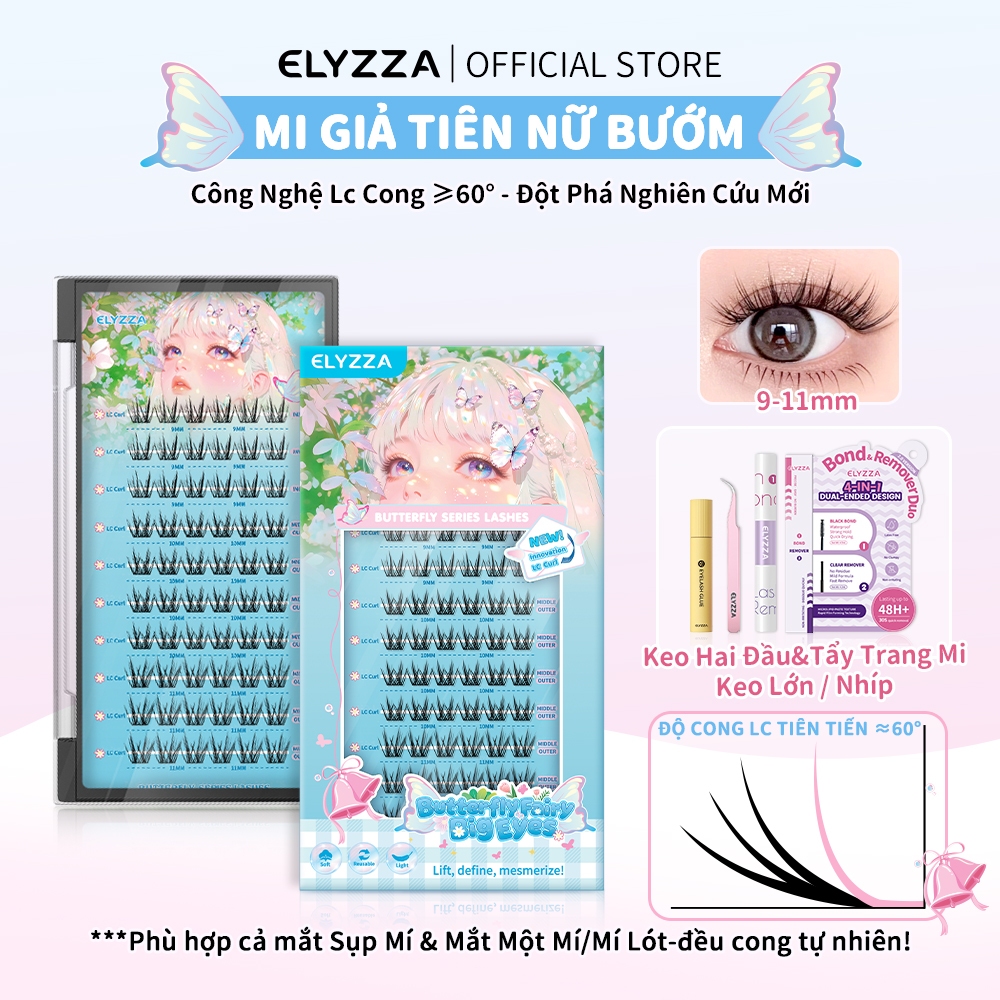 Lông Mi Giả Butterfly Fairy ELYZZA Sợi Mi 9-11mm Độ Cong LC, Mi Cụm Mềm Mại Tạo Hiệu Ứng Mắt To Tự Nhiên, Phù hợp cả mắt Sụp Mí & Mắt Một Mí/Mí Lót
