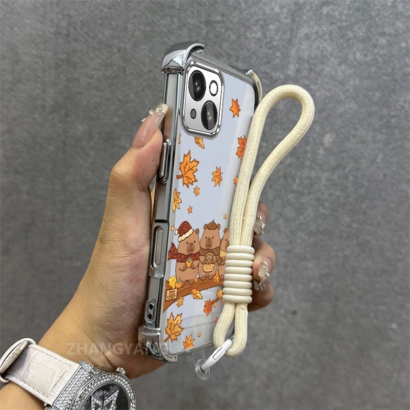 Ốp Lưng Cho iPhone 13 iPhone 13 Pro iPhone 13 Pro Max Mạ Điện Cao Cấp Chống Rơi Vỏ Điện Thoại Thẩm Mỹ Lá Gấu Họa Tiết TPU Mềm Miễn Phí Treo Dây