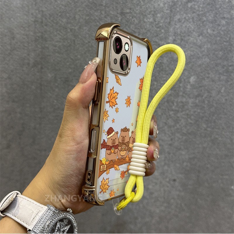Ốp Lưng Cho iPhone 13 iPhone 13 Pro iPhone 13 Pro Max Mạ Điện Cao Cấp Chống Rơi Vỏ Điện Thoại Thẩm Mỹ Lá Gấu Họa Tiết TPU Mềm Miễn Phí Treo Dây