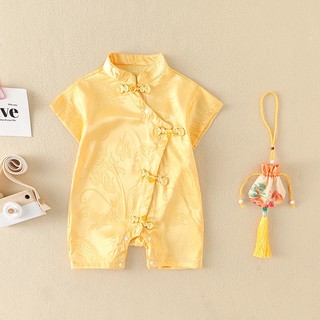 Áo liền quần mềm mượt truyền thống Trung Quốc cho bé - Bộ áo liền quần lễ hội vàng kèm túi may mắn (0-24M)