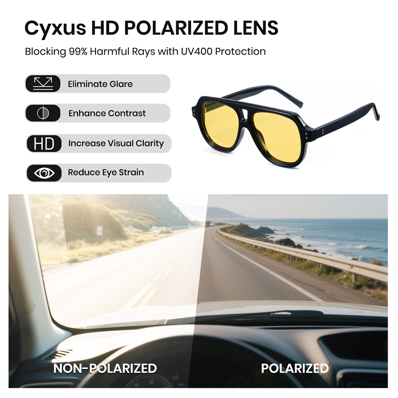 Cyxus Kính râm phân cực, kính râm kiểu phi công, chống chói, chống tia UV400, unisex, bảo vệ mắt khi lái xe và các hoạt động ngoài trời P1336