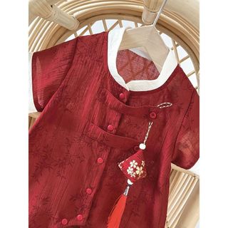 Áo liền quần màu đỏ truyền thống Trung Quốc cho bé - Bộ áo liền quần sườn xám mềm mượt có tua rua & Túi may mắn (0-24M)