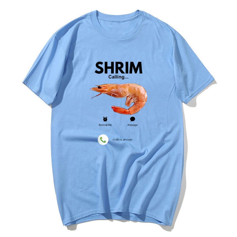 Áo sơ mi tay ngắn họa tiết meme tôm, 100% cotton, phù hợp nam nữ