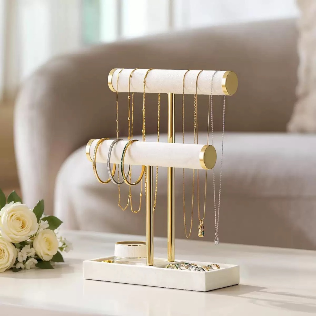 Bộ sắp xếp giá đỡ vòng tay 2 tầng có khay đựng đồ trang sức bằng da dành cho nữ Màn hình hiển thị cho vòng cổ, đồng hồ, nhẫn, bông tai, vòng tay, Scrunchie