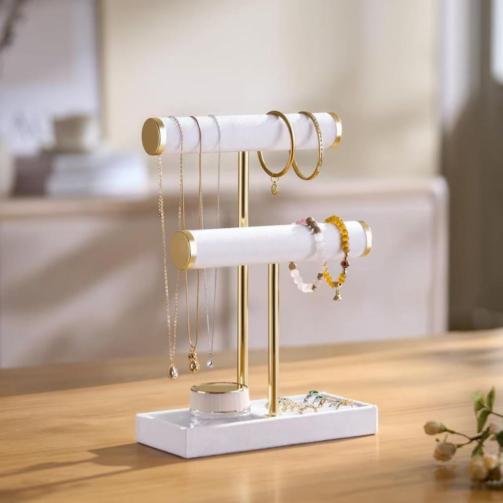 Bộ sắp xếp giá đỡ vòng tay 2 tầng có khay đựng đồ trang sức bằng da dành cho nữ Màn hình hiển thị cho vòng cổ, đồng hồ, nhẫn, bông tai, vòng tay, Scrunchie