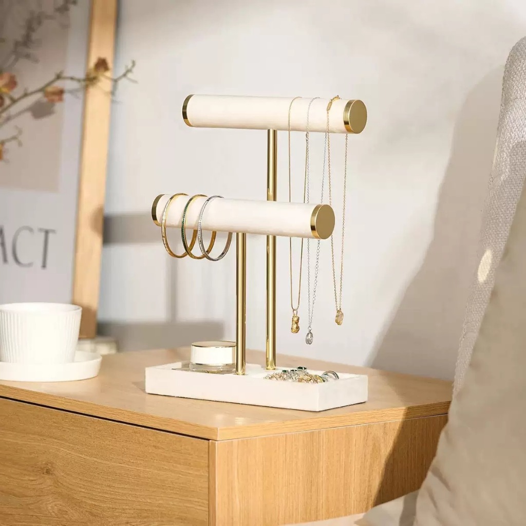Bộ sắp xếp giá đỡ vòng tay 2 tầng có khay đựng đồ trang sức bằng da dành cho nữ Màn hình hiển thị cho vòng cổ, đồng hồ, nhẫn, bông tai, vòng tay, Scrunchie