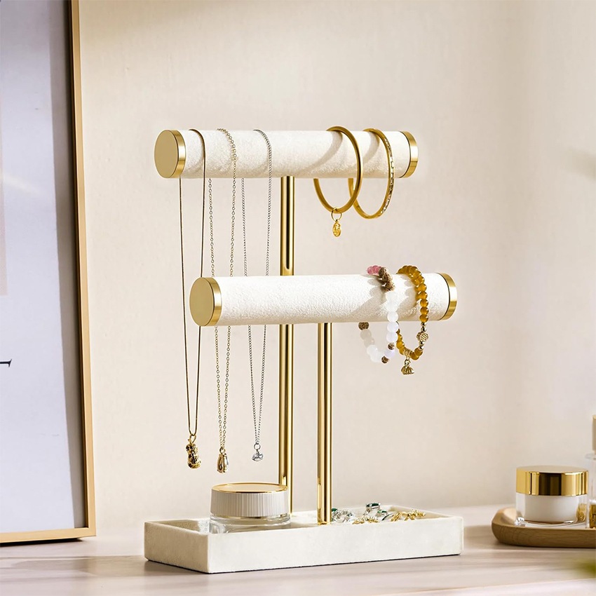 Bộ sắp xếp giá đỡ vòng tay 2 tầng có khay đựng đồ trang sức bằng da dành cho nữ Màn hình hiển thị cho vòng cổ, đồng hồ, nhẫn, bông tai, vòng tay, Scrunchie