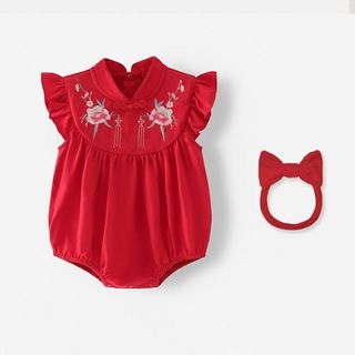 Bé gái sơ sinh Qipao Onesie Trung Quốc màu đỏ - Áo liền quần thêu hoa mềm mại mượt cho các dịp lễ hội (0-24M)