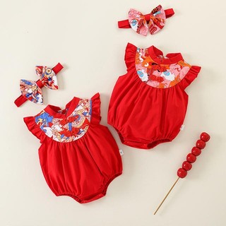 Bộ áo liền quần màu đỏ phong cách Trung Hoa cho bé gái có băng đô - Onesie tay xù mềm mại in hình cho những dịp lễ hội (0-24M)
