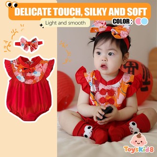 Bộ áo liền quần màu đỏ phong cách Trung Hoa cho bé gái có băng đô - Onesie tay xù mềm mại in hình cho những dịp lễ hội (0-24M)