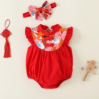 Bộ áo liền quần màu đỏ phong cách Trung Hoa cho bé gái có băng đô - Onesie tay xù mềm mại in hình cho những dịp lễ hội (0-24M)