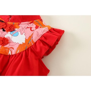 Bộ áo liền quần màu đỏ phong cách Trung Hoa cho bé gái có băng đô - Onesie tay xù mềm mại in hình cho những dịp lễ hội (0-24M)